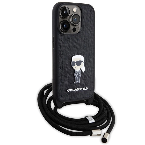 Karl Lagerfeld Crossbody Saffiano Monogram Metal Pin Karl &amp; Choupette Case for iPhone 15 Pro - Black_2