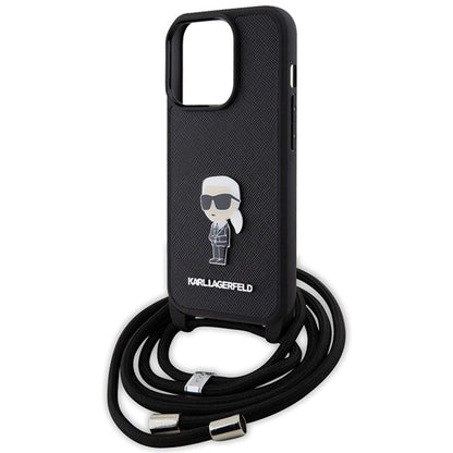 Karl Lagerfeld Crossbody Saffiano Monogram Metal Pin Karl &amp; Choupette Case for iPhone 15 Pro - Black_4
