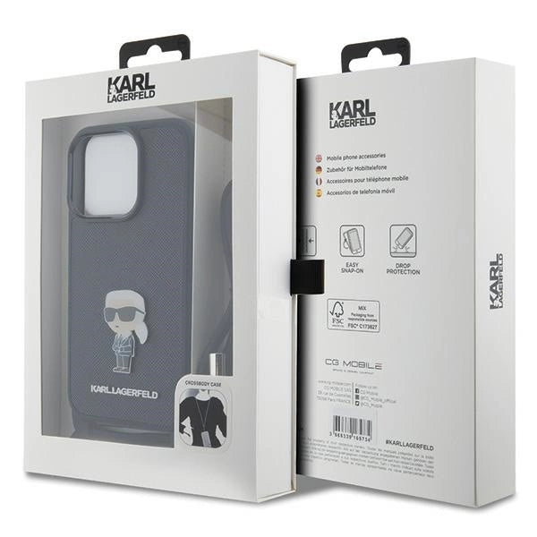 Karl Lagerfeld Crossbody Saffiano Monogram Metal Pin Karl &amp; Choupette Case for iPhone 15 Pro - Black_6
