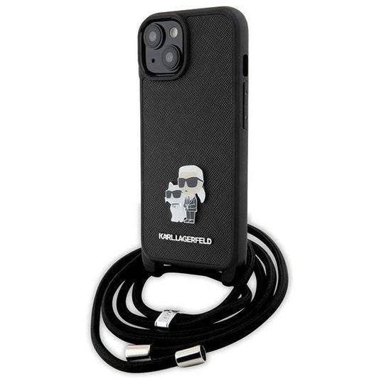 Karl Lagerfeld Crossbody Saffiano Metal Pin Karl &amp; Choupette case for iPhone 15 Plus - black_0
