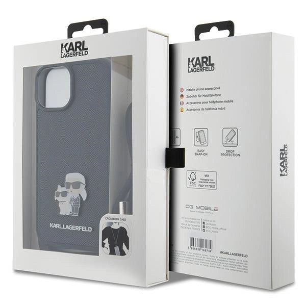 Karl Lagerfeld Crossbody Saffiano Metal Pin Karl &amp; Choupette case for iPhone 15 Plus - black_6
