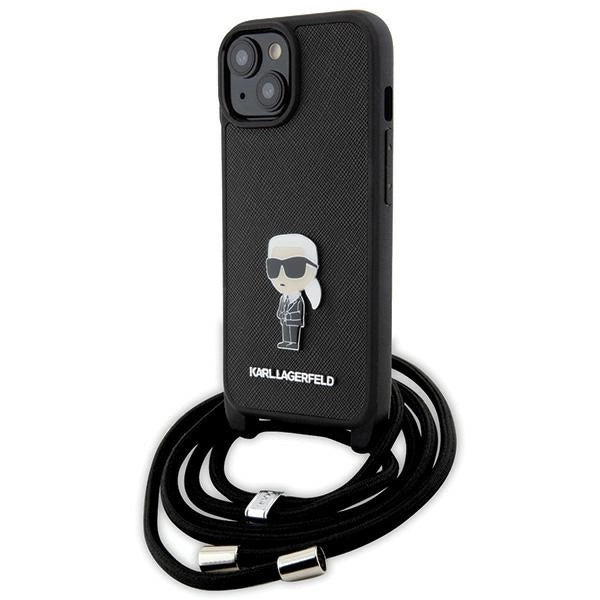Karl Lagerfeld Crossbody Saffiano Monogram Metal Pin Karl & Choupette Case for iPhone 15 - Black_0