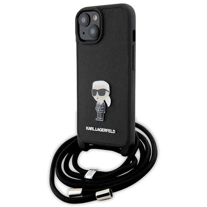 Karl Lagerfeld Crossbody Saffiano Monogram Metal Pin Karl & Choupette Case for iPhone 15 - Black_0