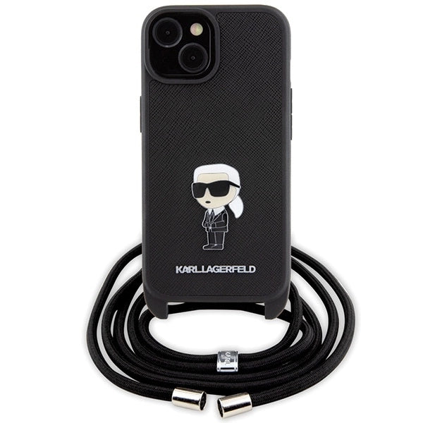 Karl Lagerfeld Crossbody Saffiano Monogram Metal Pin Karl & Choupette Case for iPhone 15 - Black_1