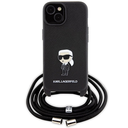 Karl Lagerfeld Crossbody Saffiano Monogram Metal Pin Karl & Choupette Case for iPhone 15 - Black_1