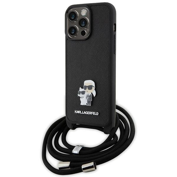 Karl Lagerfeld Crossbody Saffiano Metal Pin Karl &amp; Choupette Case for iPhone 15 Pro Max - Black_0
