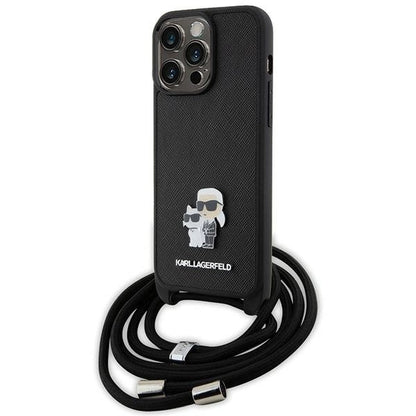 Karl Lagerfeld Crossbody Saffiano Metal Pin Karl &amp; Choupette Case for iPhone 15 Pro Max - Black_0