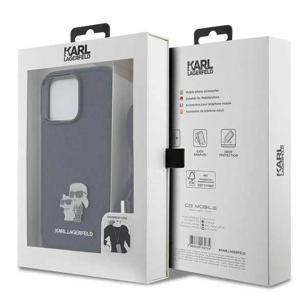 Karl Lagerfeld Crossbody Saffiano Metal Pin Karl &amp; Choupette Case for iPhone 15 Pro Max - Black_6