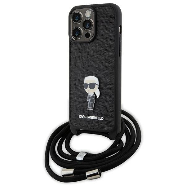 Karl Lagerfeld Crossbody Saffiano Monogram Metal Pin Karl &amp; Choupette Case for iPhone 15 Pro Max - Black_0