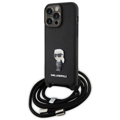 Karl Lagerfeld Crossbody Saffiano Monogram Metal Pin Karl &amp; Choupette Case for iPhone 15 Pro Max - Black_0