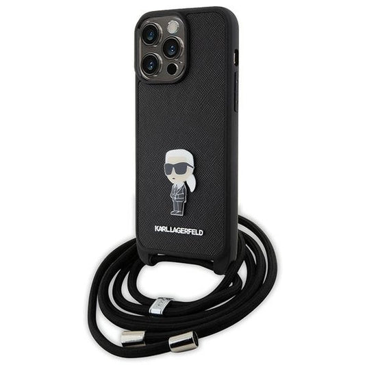 Karl Lagerfeld Crossbody Saffiano Monogram Metal Pin Karl &amp; Choupette Case for iPhone 15 Pro Max - Black_0