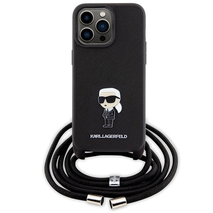 Karl Lagerfeld Crossbody Saffiano Monogram Metal Pin Karl &amp; Choupette Case for iPhone 15 Pro Max - Black_1
