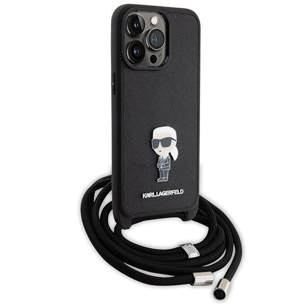 Karl Lagerfeld Crossbody Saffiano Monogram Metal Pin Karl &amp; Choupette Case for iPhone 15 Pro Max - Black_2