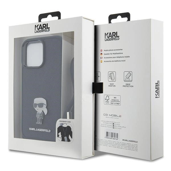 Karl Lagerfeld Crossbody Saffiano Monogram Metal Pin Karl &amp; Choupette Case for iPhone 15 Pro Max - Black_6