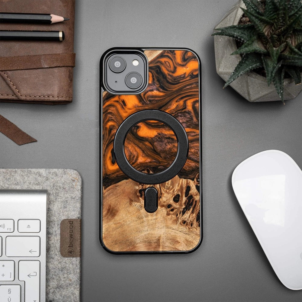 Wood and resin case for iPhone 15 Plus MagSafe Bewood Unique Orange - orange and black_2