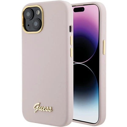 Guess Silicone Script Metal Logo &amp; Frame case for iPhone 15 - pink_0