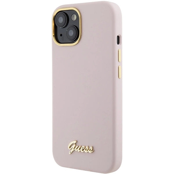 Guess Silicone Script Metal Logo &amp; Frame case for iPhone 15 - pink_1