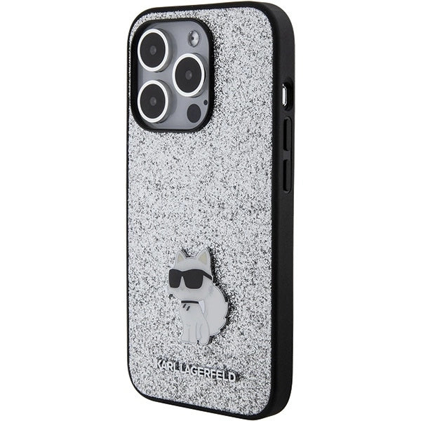 Karl Lagerfeld Fixed Glitter Choupette Logo Metal Pin Case for iPhone 15 Pro - Silver_1