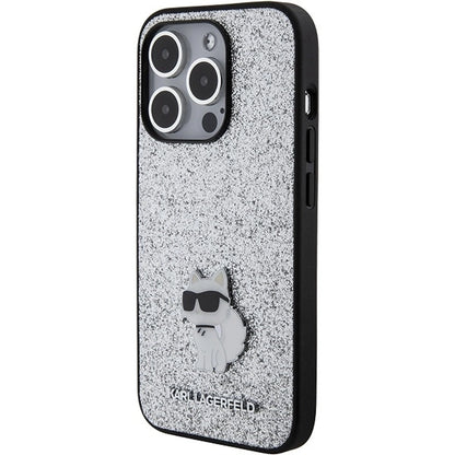 Karl Lagerfeld Fixed Glitter Choupette Logo Metal Pin Case for iPhone 15 Pro - Silver_1