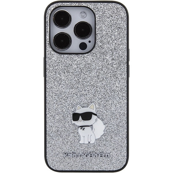 Karl Lagerfeld Fixed Glitter Choupette Logo Metal Pin Case for iPhone 15 Pro - Silver_2