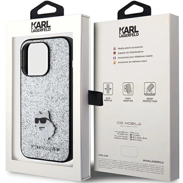 Karl Lagerfeld Fixed Glitter Choupette Logo Metal Pin Case for iPhone 15 Pro - Silver_7