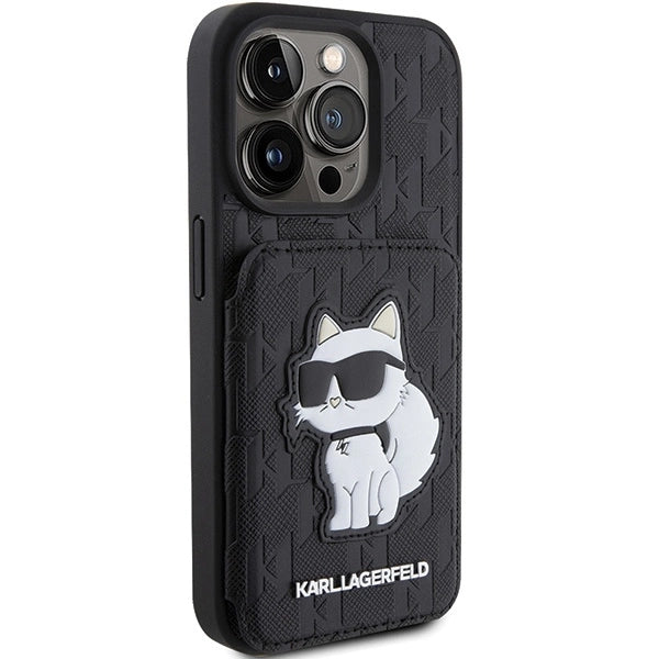 Karl Lagerfeld Saffiano Cardslots and Stand Monogram Choupette Case for iPhone 15 Pro - Black_3