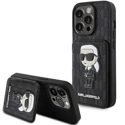 Karl Lagerfeld Saffiano Cardslots and Stand Monogram Ikonik Patch case for iPhone 15 Pro - black_0