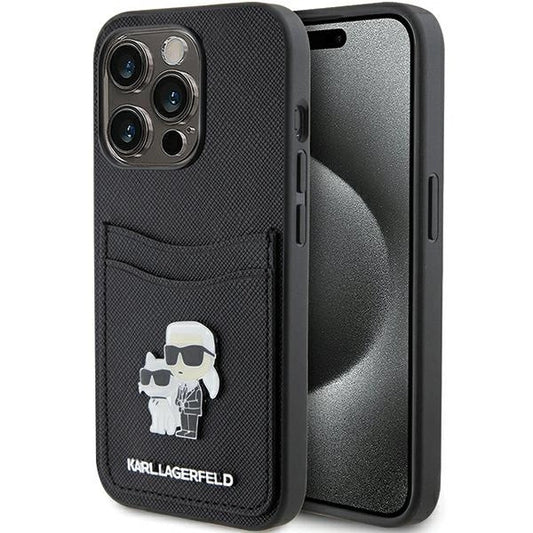 Karl Lagerfeld Saffiano Cardslot Karl&amp;Choupette Metal Pin case for iPhone 15 Pro - black_0