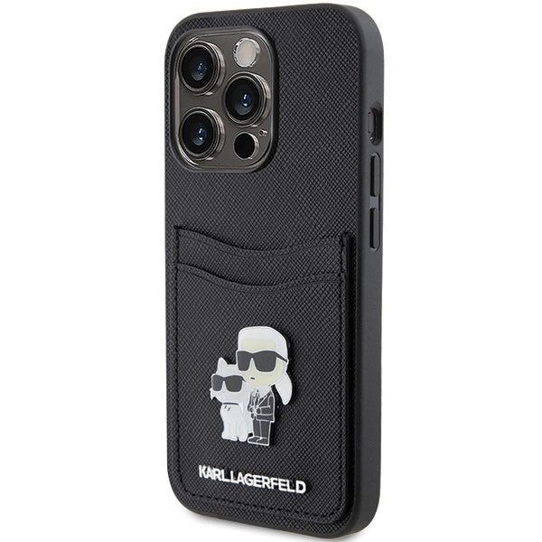 Karl Lagerfeld Saffiano Cardslot Karl&amp;Choupette Metal Pin case for iPhone 15 Pro - black_1