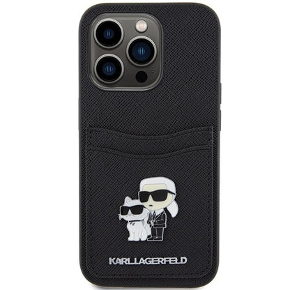 Karl Lagerfeld Saffiano Cardslot Karl&amp;Choupette Metal Pin case for iPhone 15 Pro - black_2