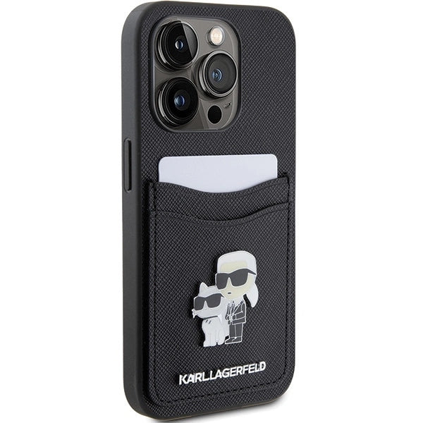 Karl Lagerfeld Saffiano Cardslot Karl&amp;Choupette Metal Pin case for iPhone 15 Pro - black_3