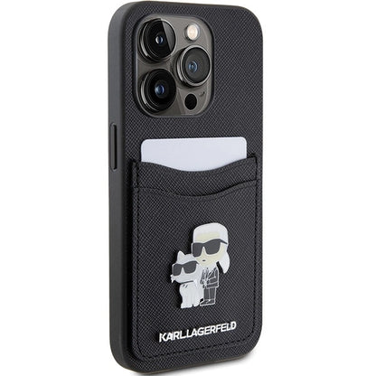 Karl Lagerfeld Saffiano Cardslot Karl&amp;Choupette Metal Pin case for iPhone 15 Pro - black_3