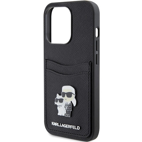 Karl Lagerfeld Saffiano Cardslot Karl&amp;Choupette Metal Pin case for iPhone 15 Pro - black_5
