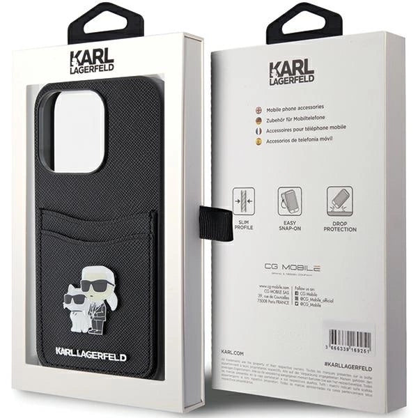 Karl Lagerfeld Saffiano Cardslot Karl&amp;Choupette Metal Pin case for iPhone 15 Pro - black_7