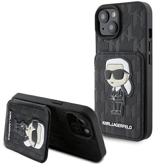 Karl Lagerfeld Saffiano Cardslots and Stand Monogram Ikonik Patch case for iPhone 15 - black_0