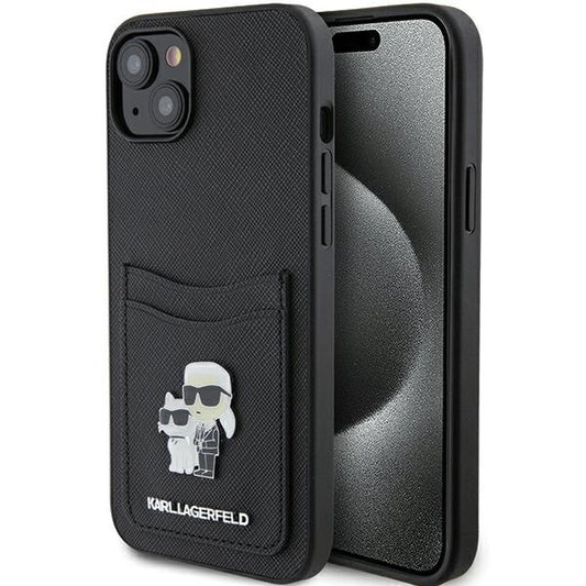 Karl Lagerfeld Saffiano Cardslot Karl&amp;Choupette Metal Pin case for iPhone 15 - black_0