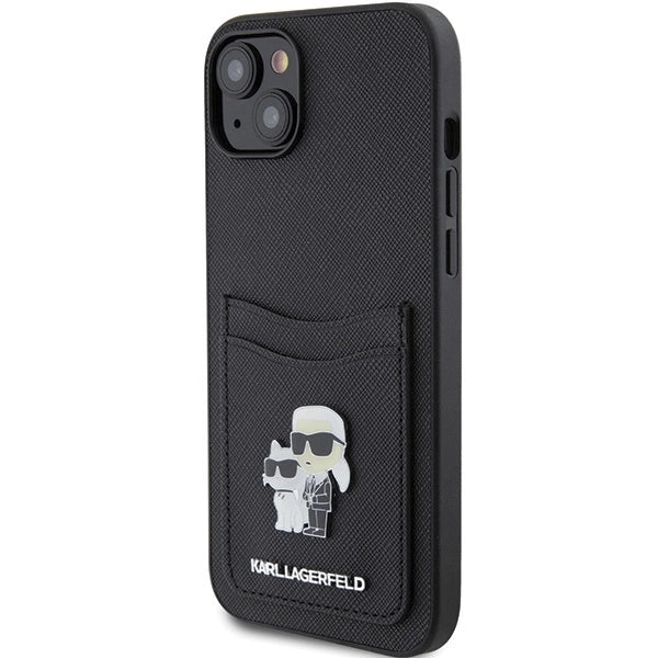 Karl Lagerfeld Saffiano Cardslot Karl&amp;Choupette Metal Pin case for iPhone 15 - black_1