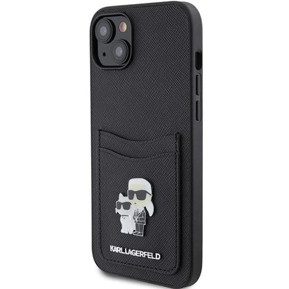Karl Lagerfeld Saffiano Cardslot Karl&amp;Choupette Metal Pin case for iPhone 15 - black_1