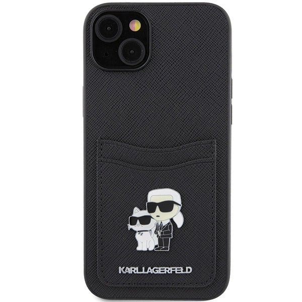 Karl Lagerfeld Saffiano Cardslot Karl&amp;Choupette Metal Pin case for iPhone 15 - black_2