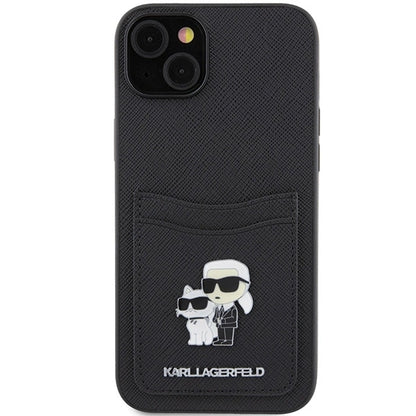 Karl Lagerfeld Saffiano Cardslot Karl&amp;Choupette Metal Pin case for iPhone 15 - black_2