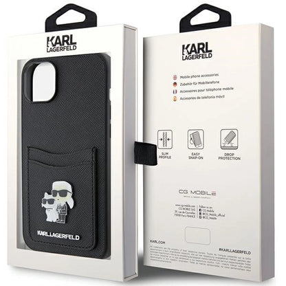 Karl Lagerfeld Saffiano Cardslot Karl&amp;Choupette Metal Pin case for iPhone 15 - black_7