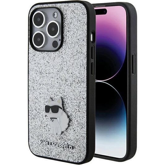 Karl Lagerfeld Fixed Glitter Choupette Logo Metal Pin Case for iPhone 15 Pro Max - Silver_0
