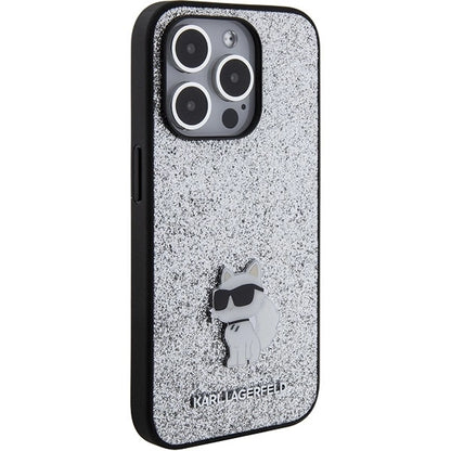 Karl Lagerfeld Fixed Glitter Choupette Logo Metal Pin Case for iPhone 15 Pro Max - Silver_3