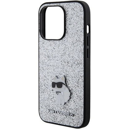 Karl Lagerfeld Fixed Glitter Choupette Logo Metal Pin Case for iPhone 15 Pro Max - Silver_5
