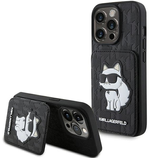 Karl Lagerfeld Saffiano Cardslots and Stand Monogram Choupette Case for iPhone 15 Pro Max - Black_0