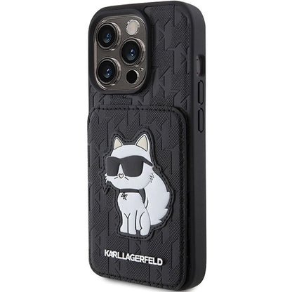 Karl Lagerfeld Saffiano Cardslots and Stand Monogram Choupette Case for iPhone 15 Pro Max - Black_1