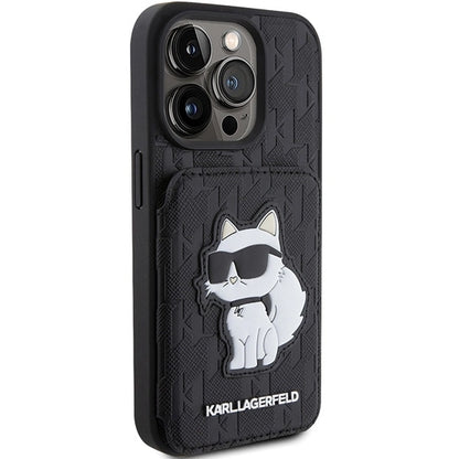 Karl Lagerfeld Saffiano Cardslots and Stand Monogram Choupette Case for iPhone 15 Pro Max - Black_3