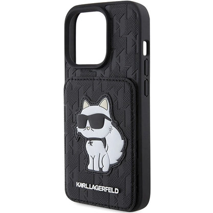 Karl Lagerfeld Saffiano Cardslots and Stand Monogram Choupette Case for iPhone 15 Pro Max - Black_5