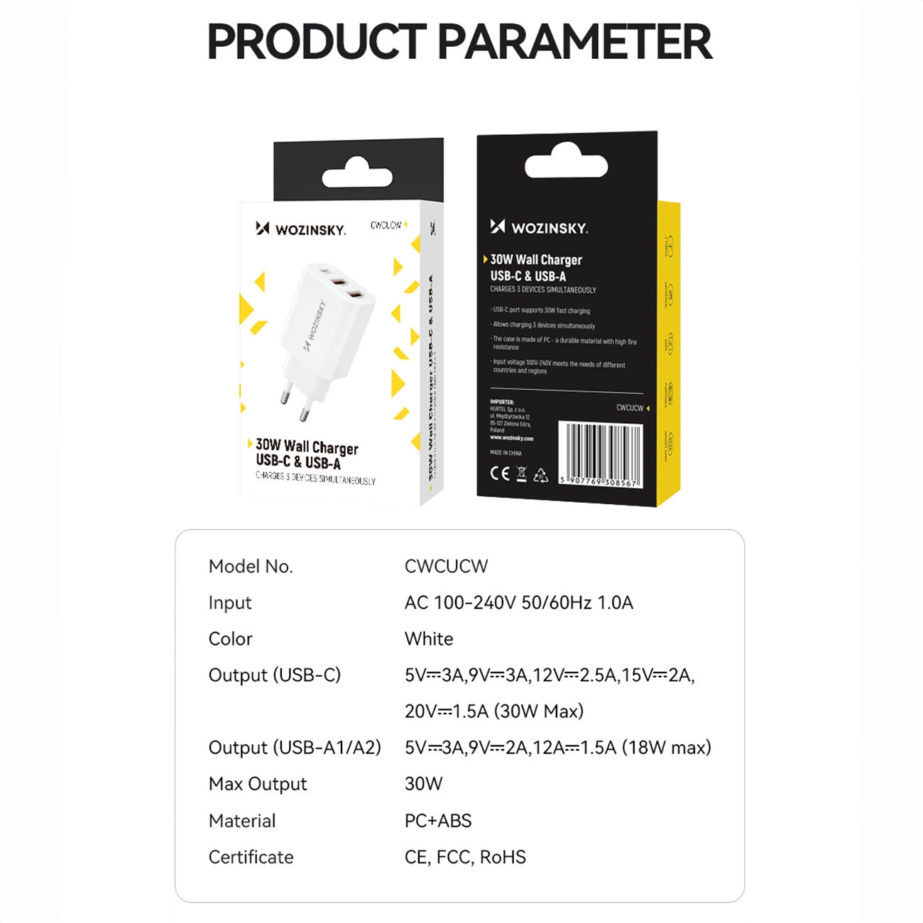Wozinsky CWCUCW 30W USB-C / 2 x USB-A wall charger - white_4