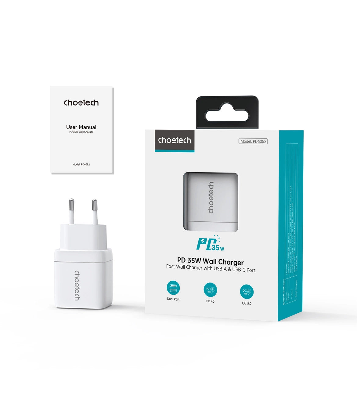 Choetech PD6052 USB-C USB-A PD 35W GaN wall charger with display - white_3